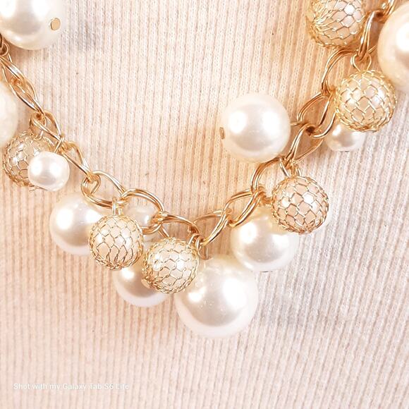 Statement Choker Necklace Gold Tone Double Chain Links Multi Size Pearly Beads - Picture 4 of 12